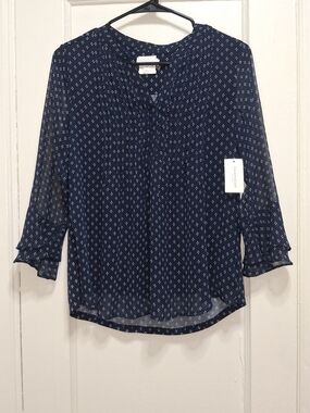 Charter Club Petite Small Blue Printed Chiffon Blouse NWT Ruffle Sleeve